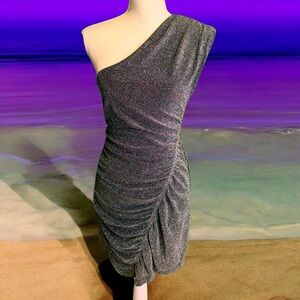 NWOT Free People ‘Malia’ One Shoulder Ruched Bodice Silver Metallic Dress Size S